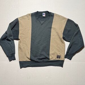 Russell Athletic Vintage Crewneck Sweatshirt Forest Green Tan Colorblock Large